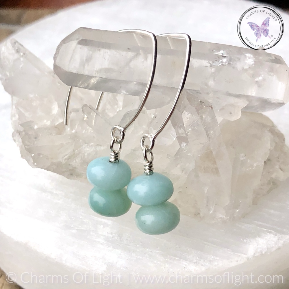 Amazonite Rondelle Silver Angled Earrings