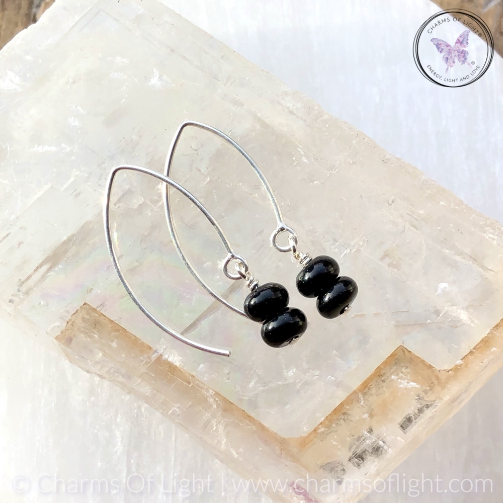 Black Onyx Rondelle Silver Angled Earrings