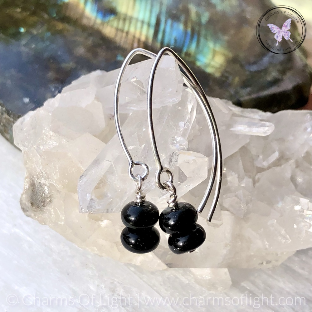 Black Onyx Rondelle Silver Angled Earrings