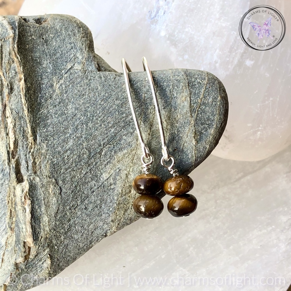 Golden Tiger Eye Rondelle Silver Angled Earrings