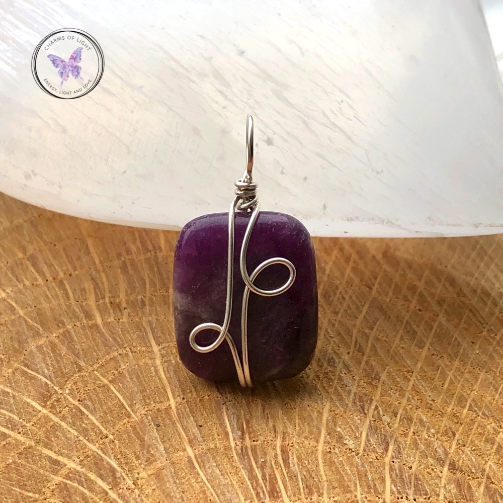 Lepidolite Rectangle Silver Wire Wrapped Pendant