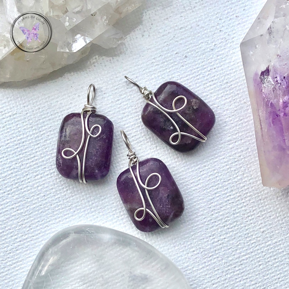 Lepidolite Rectangle Silver Wire Wrapped Pendant