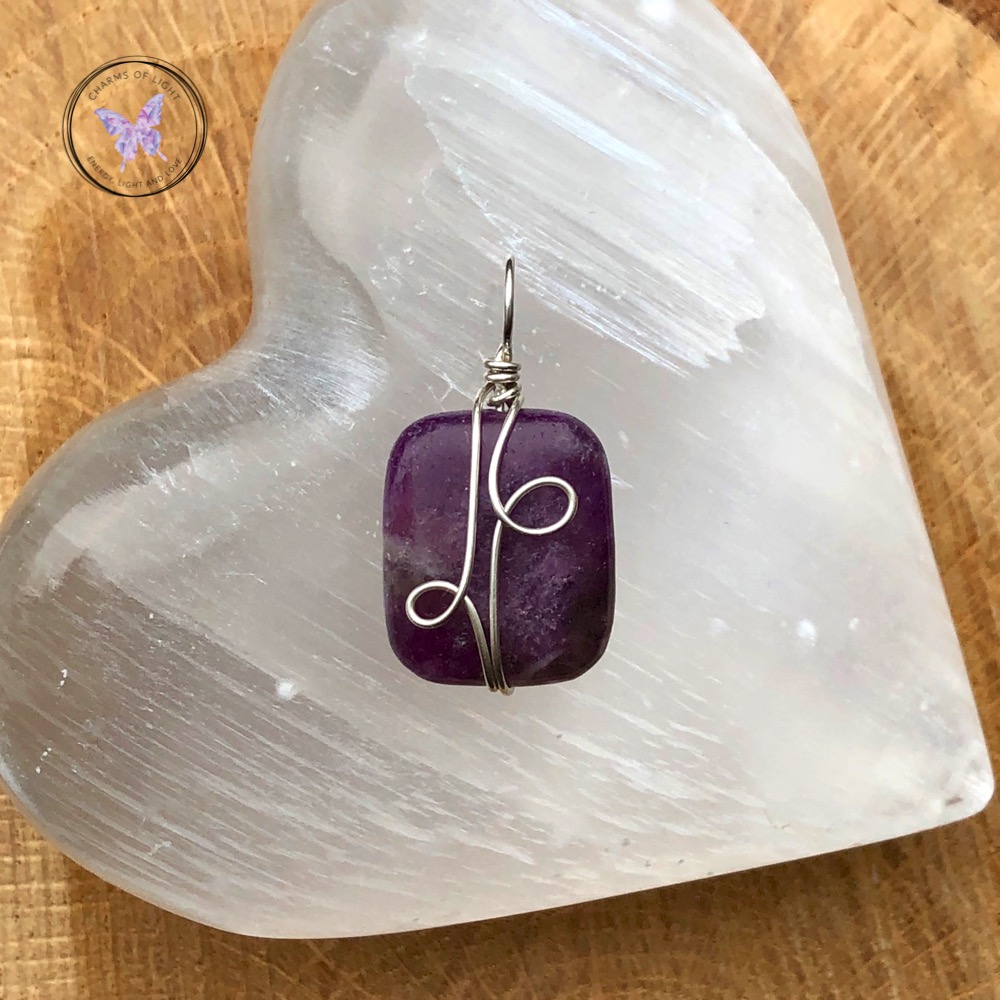 Lepidolite Rectangle Silver Wire Wrapped Pendant