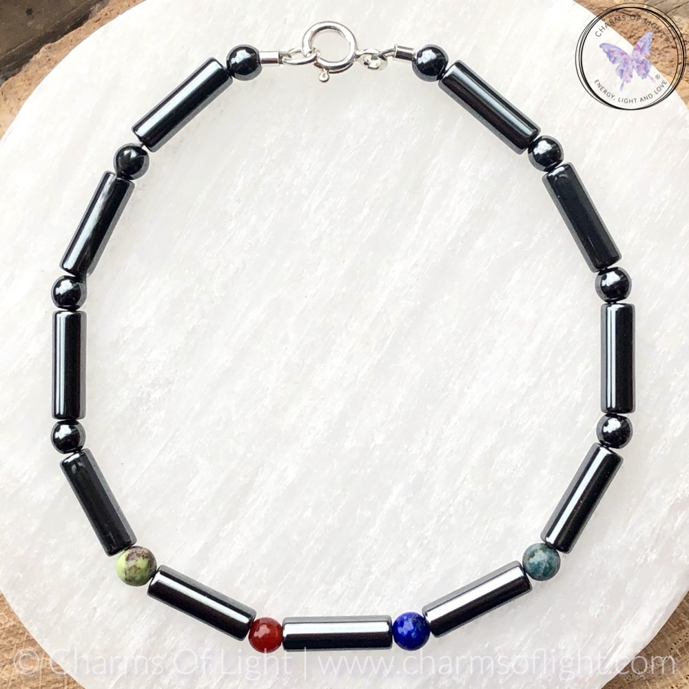 Mens Birthstone Bracelet with Hematite Tubes