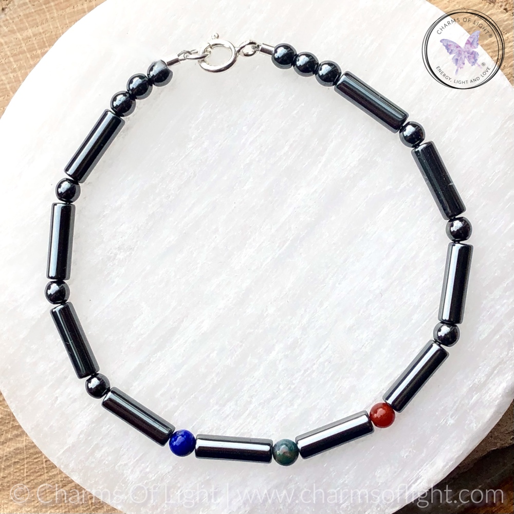 Mens Birthstone Bracelet with Hematite Tubes