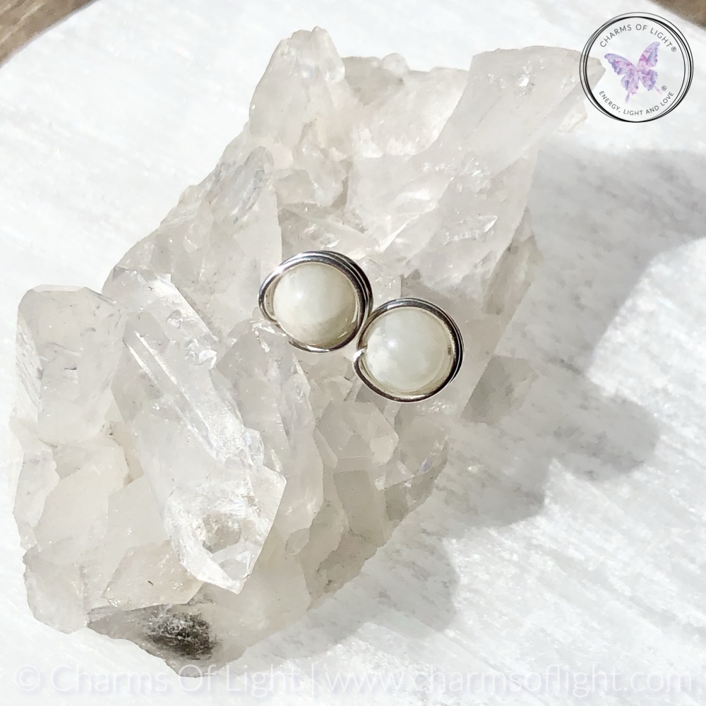 Moonstone Silver Wire Wrap Stud Earrings