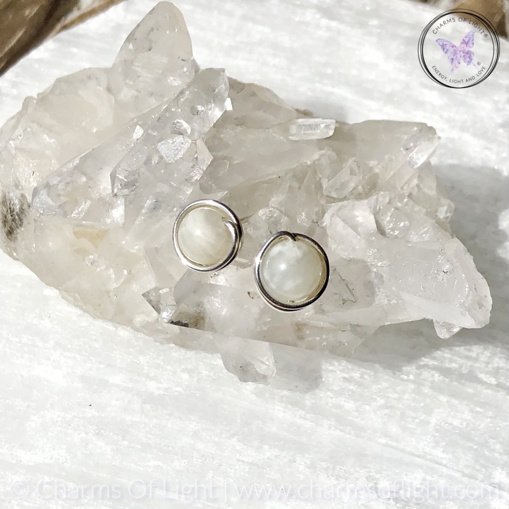 Moonstone Silver Wire Wrap Stud Earrings