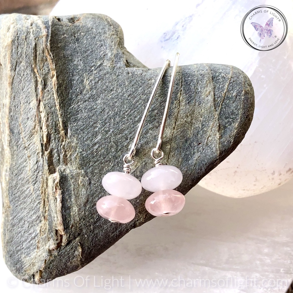 Rose Quartz Rondelle Silver Angled Earrings