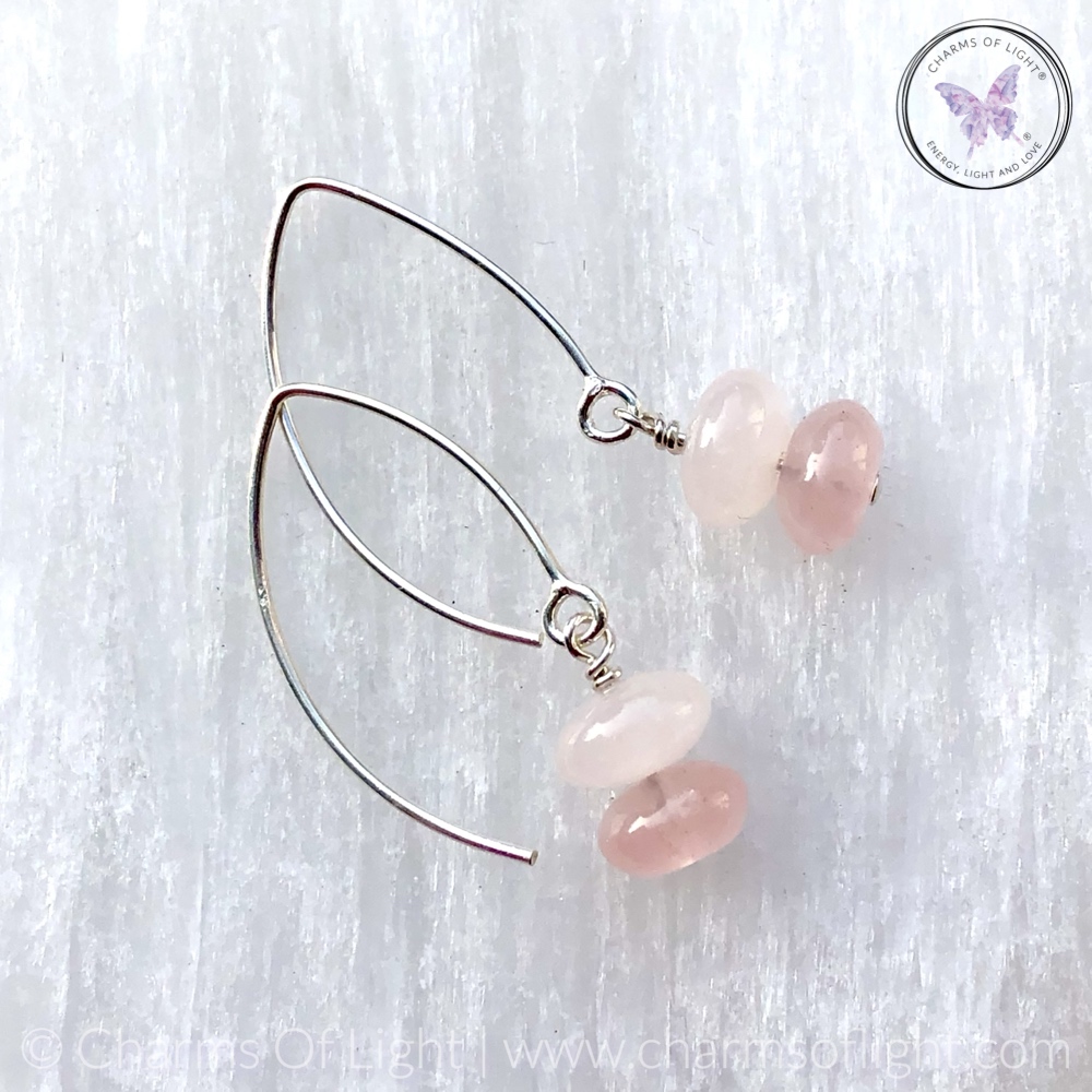 Rose Quartz Rondelle Silver Angled Earrings