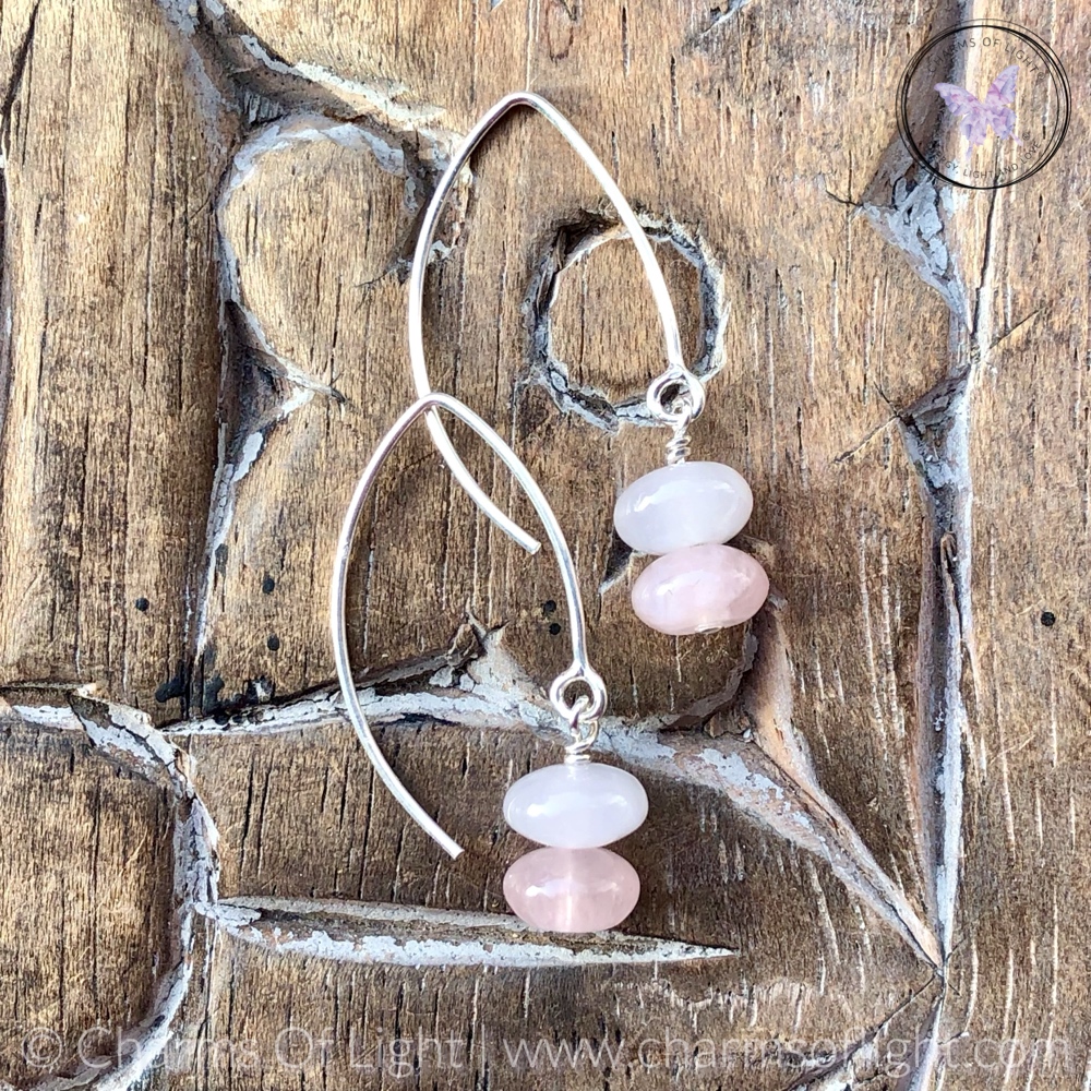 Rose Quartz Rondelle Silver Angled Earrings