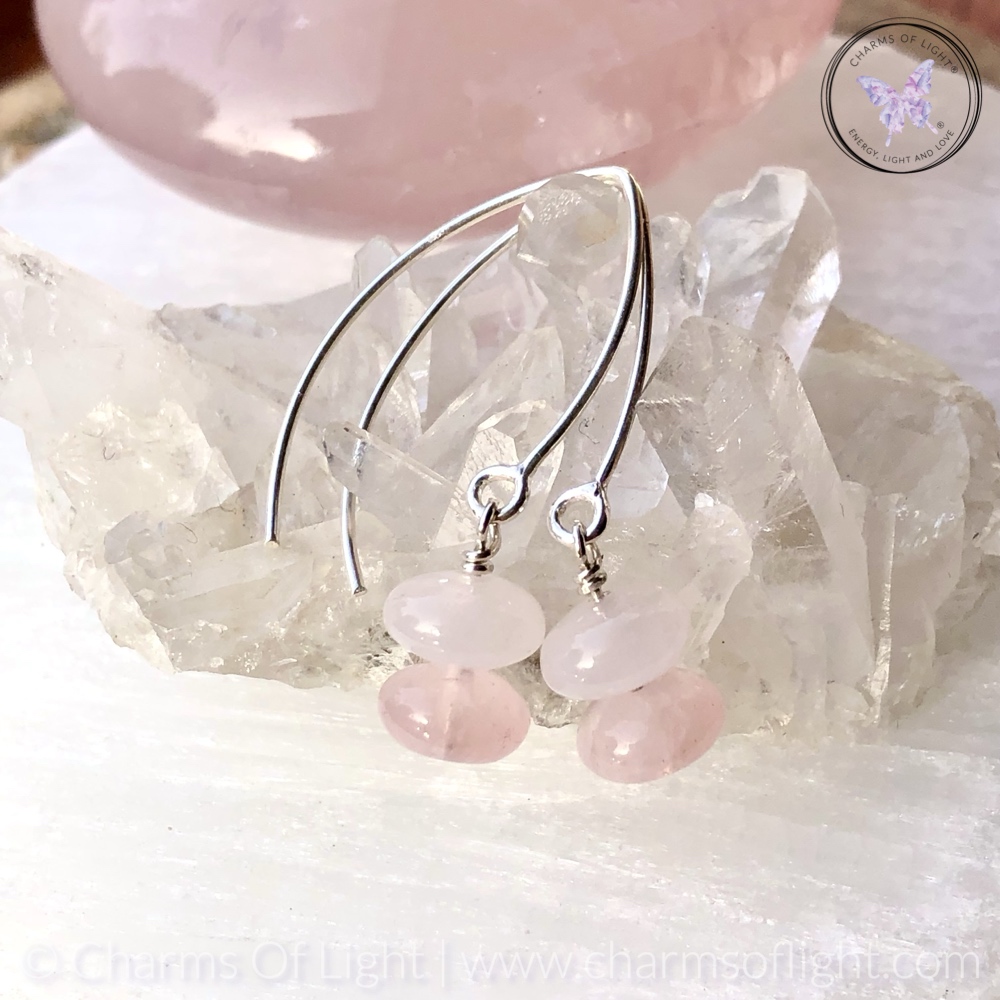 Rose Quartz Rondelle Silver Angled Earrings