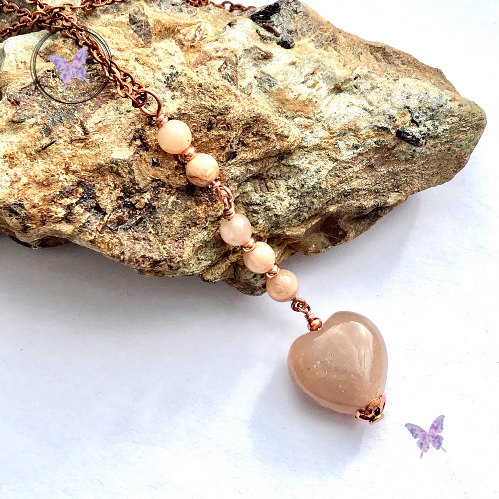 Sunstone Heart Long Copper Pendant Necklace